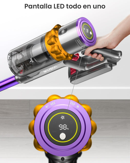 Aspiradora sin Cable 45KPa 550W 70Min Pantalla LED Filtro 8 Etapas para Alfombra y Mascotas
